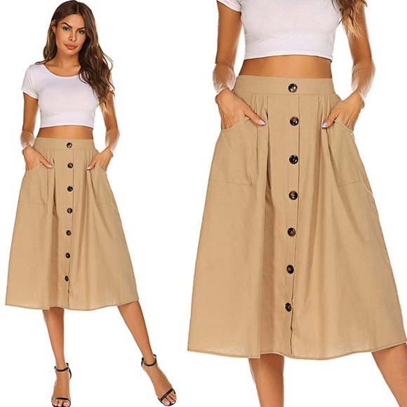 Dresses & Skirts - Khaki Button Front High Elastic Waist Midi Skirt